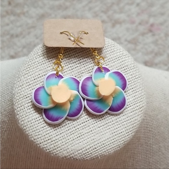 Handmade Floral Turquoise/Purple Earrings - Picture 2 of 4